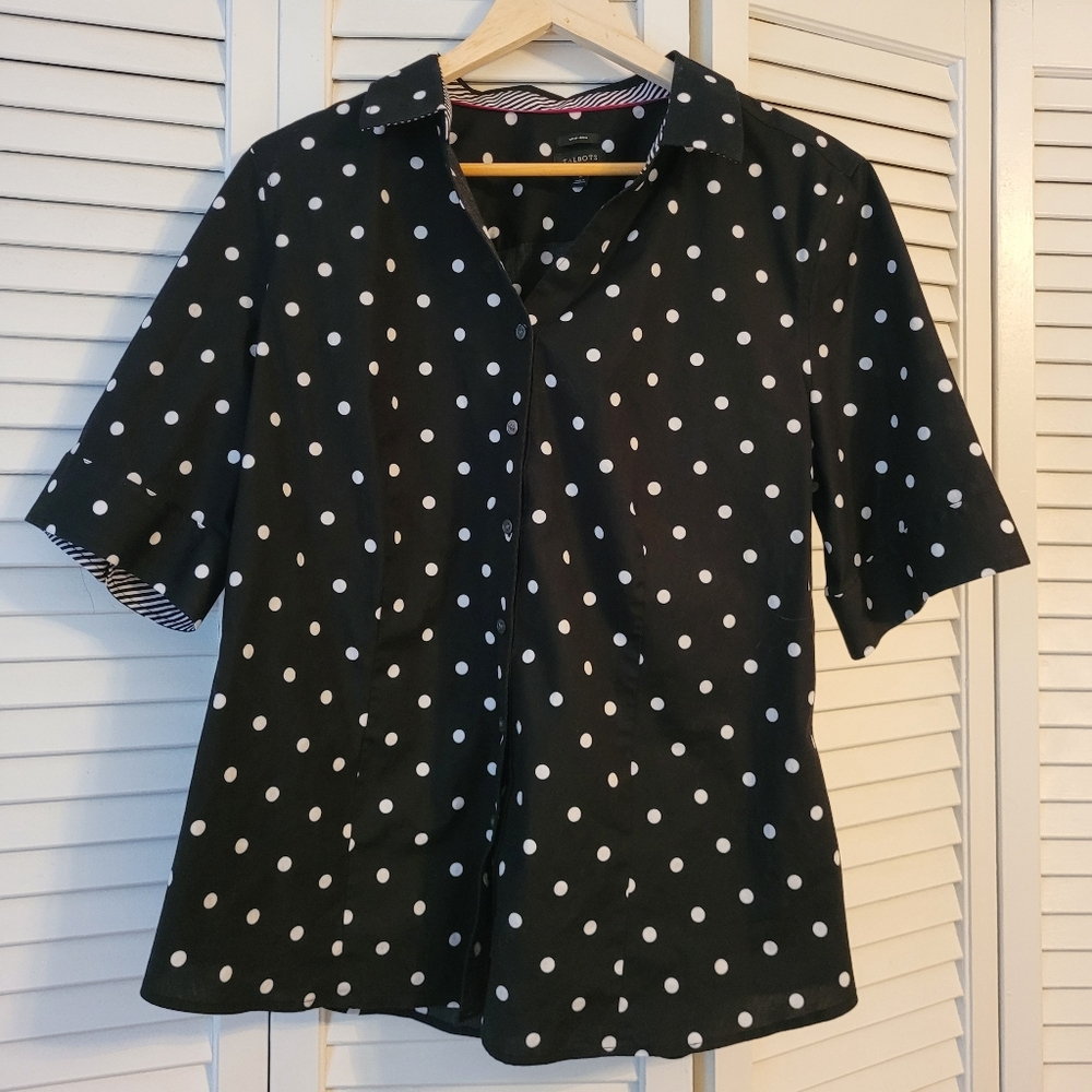 Talbots Black and White Polka Dot Button Down Shirt No Iron Size 16